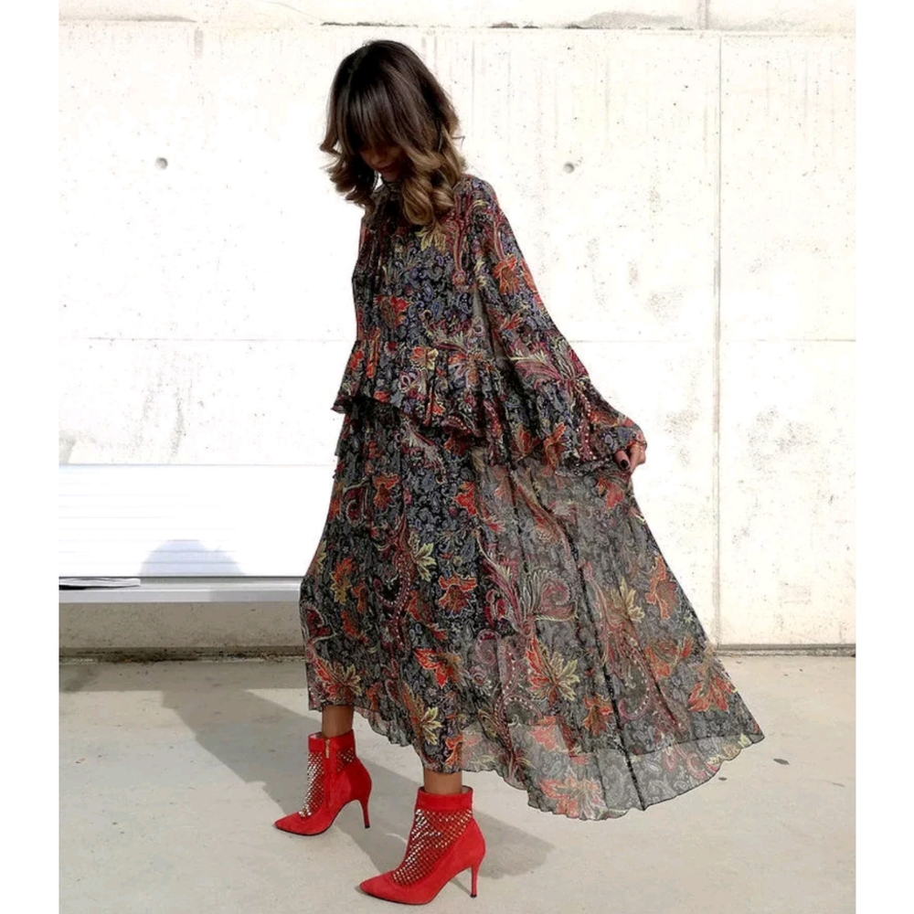 ZARA Long Oversized Ruffle Trim Printed Dress Women's Size XS-S
